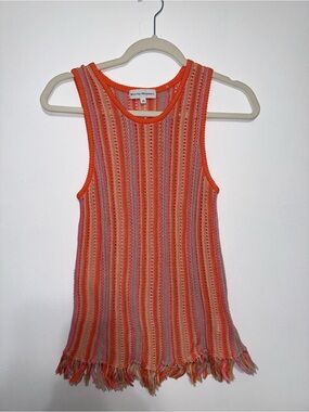 White + Warren Orange and Pink Striped Crochet Fringe Tank